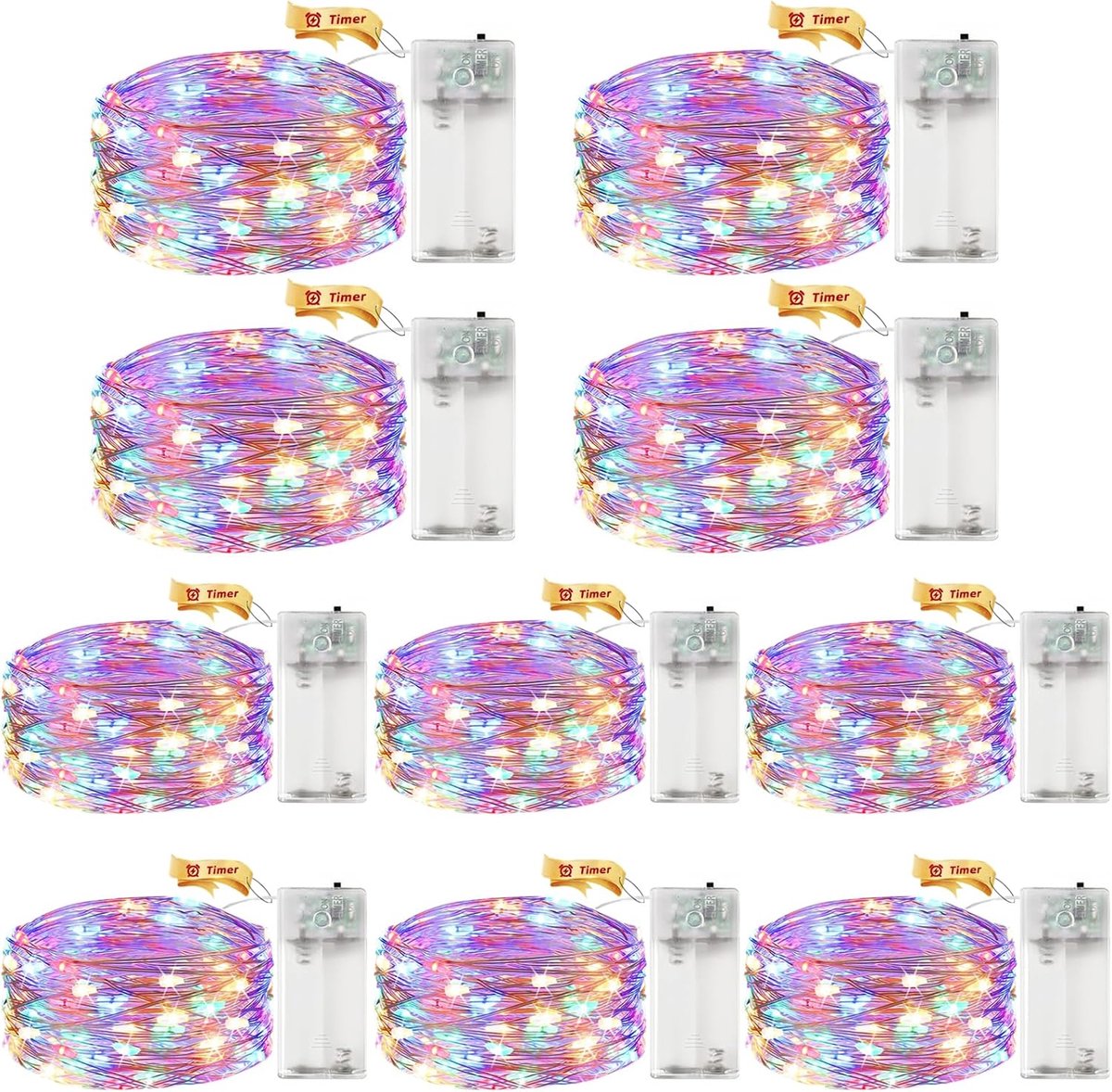 SnelShoppen - 10x LED Fairy Lights met Timer - 3m Micro Copper Wire - Kleurrijke Batterij Aangedreven Sfeerverlichting voor Feesten, Kerst en Tuin