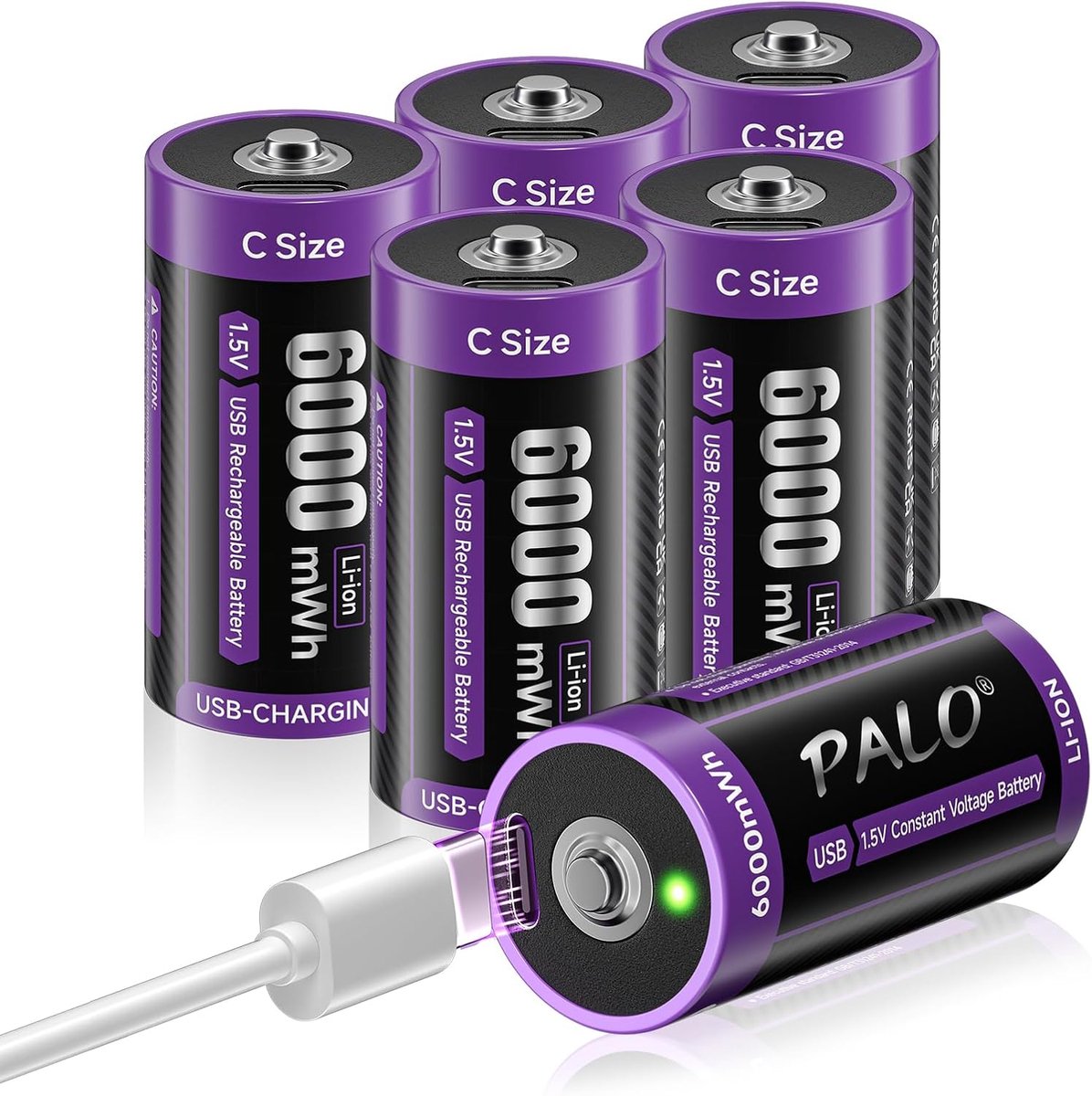 SnelShoppen - 6x Oplaadbare C Batterijen 1.5V 6000mWh LR14 Lithium met USB-C Oplaadkabel, Laag Zelfontlaadvermogen, 1500+ Oplaadcycli, Ideaal voor Spe