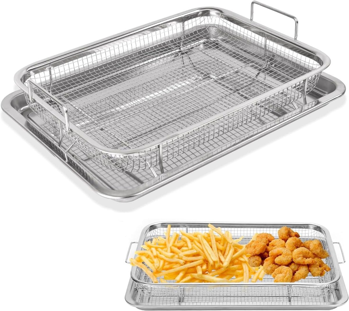 SnelShoppen - RVS Crispy Bak- en Grillmand, Antiaanbaklaag Oven Air Fryer Pan, Mesh Bakset voor Frietjes, Bacon, Kip en Uienringen (32,5 x 24,5 x 8 cm