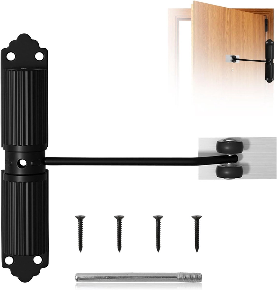 SnelShoppen - Automatische Deurdranger met Schroeven en Stang - Geluidsreductie, Ideaal voor Kamers, Kantoor, Tuindeuren - Zwart, Voor Deuren van 20-6