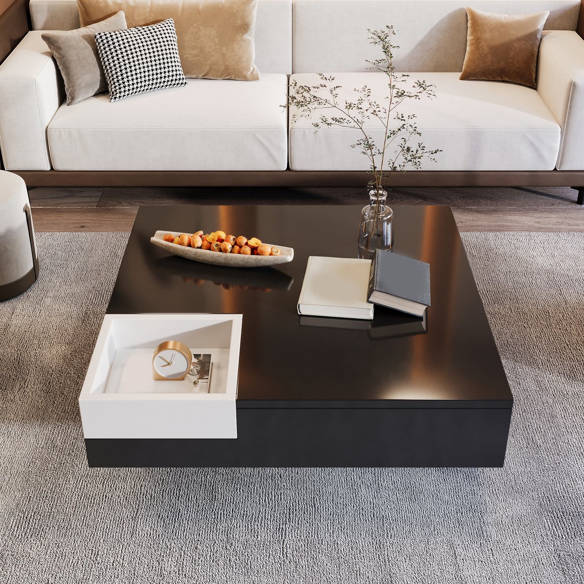 COVREO Salontafel 72 x 72 x 30 cm - hoogglans zwart wit, opbergbox en LED-verlichting