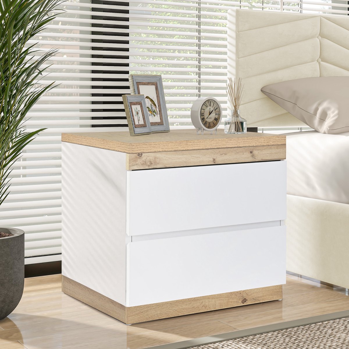 COVREO Nachtkastje 55x40x55 cm – wit en eikenlook, 2 laden, spaanplaat