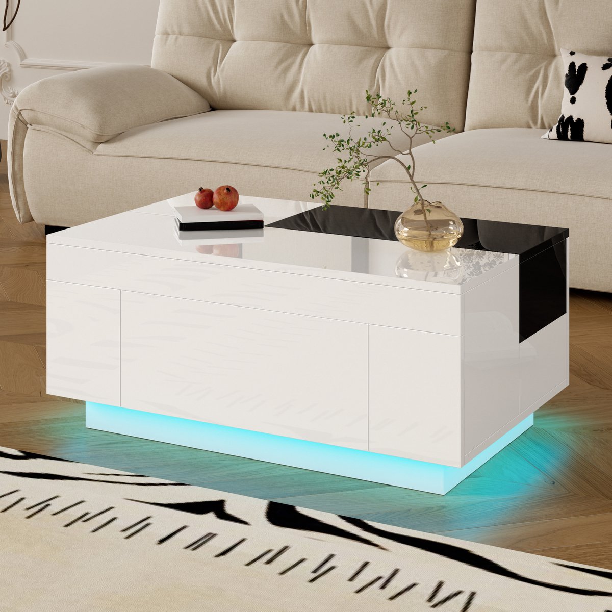 COVREO Salontafel 80 x 50 x 35,5 cm - zwart wit hoogglans, LED verlichting, opberglade
