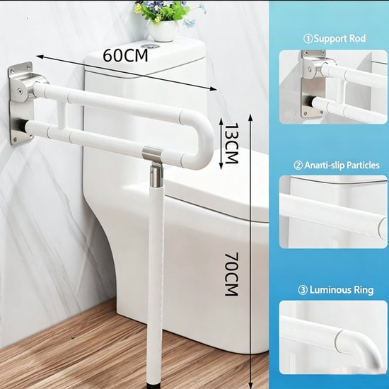 Witte toiletsteun 60cm lang, 13cm breed, 70cm hoog, naast een toilet.