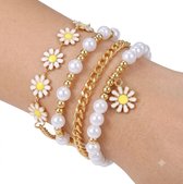 Set van 4 armbanden voor dames en meisjes met madeliefjes, parelkralen en goudkleurige schakels – zomerse sieradenset met bloemdetails