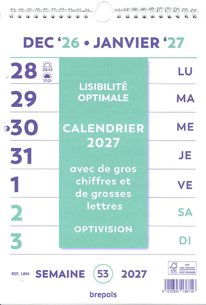 Brepols Optivision FR Kalender 2027 - Grote cijfers & letters - Wire-O - A4 - 21 x 29,7 cm