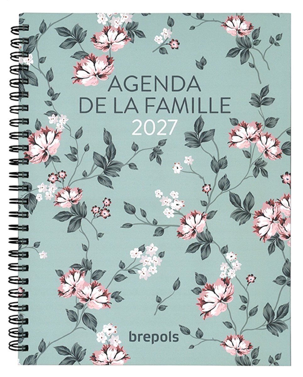 Brepols agenda 2027 - Gezinsplanner - GEZINSAGENDA [0.165] - FRANS-talig - 6 personen - 1 week op 2 pagina's - Weekoverzicht - Wire-O - Groen - 16.8 x 22 cm