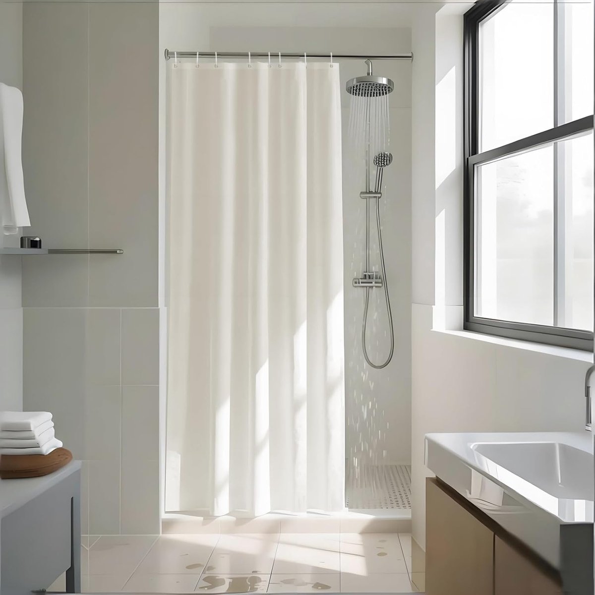SnelShoppen - Beige Douchegordijn Smal Model 120x200 cm - Waterdichte Polyester Doucherol met 8 Oogjes - Ideaal voor Kleine Badkuipen en Badkamers
