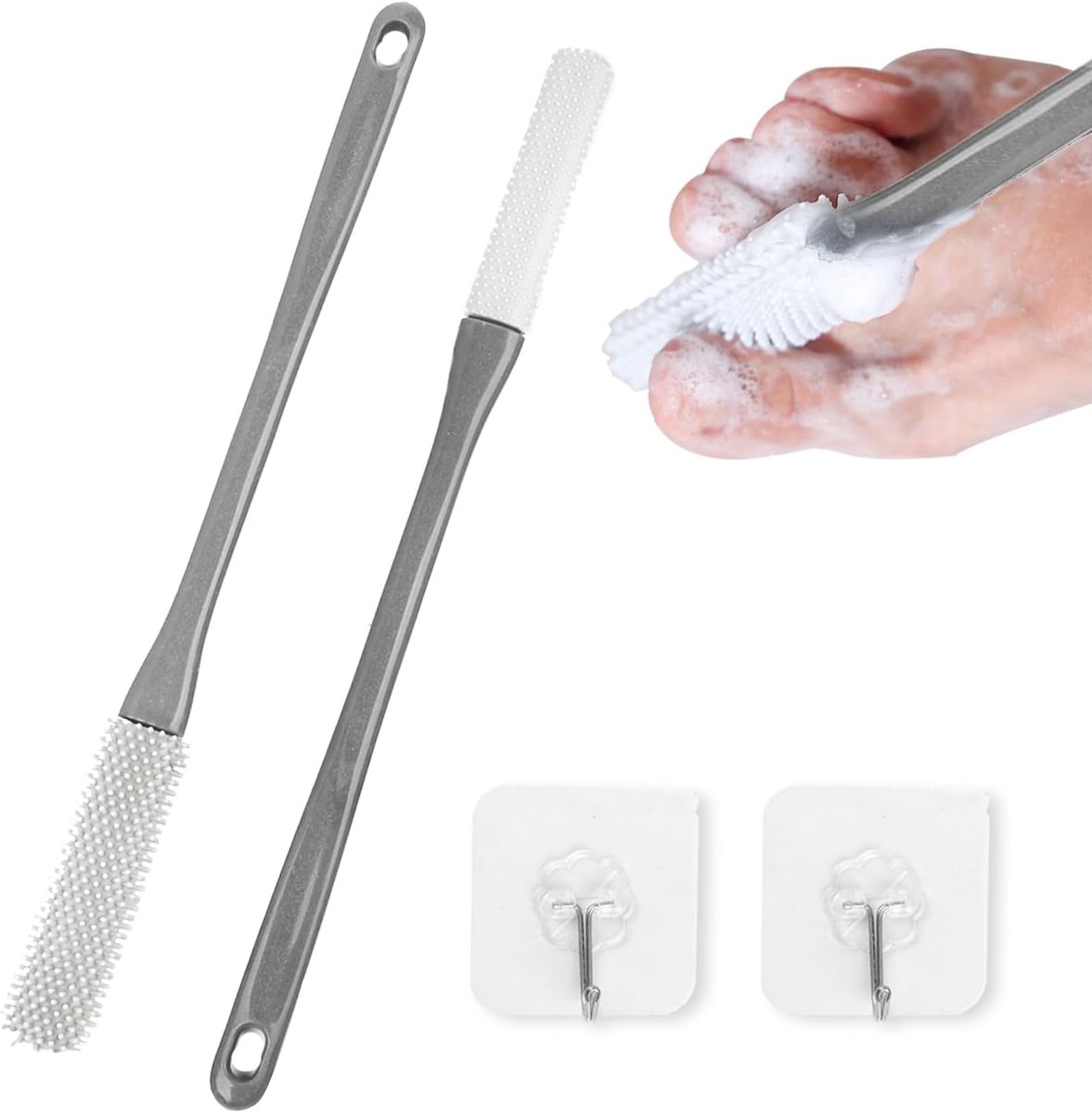 SnelShoppen - 2Pcs Voet Exfoliërende Teen Reinigingsborstel, Lange Stalen Siliconen Teen Schrobber, Zachte Teen Lotion Applicator met 2 Haakjes, Douch