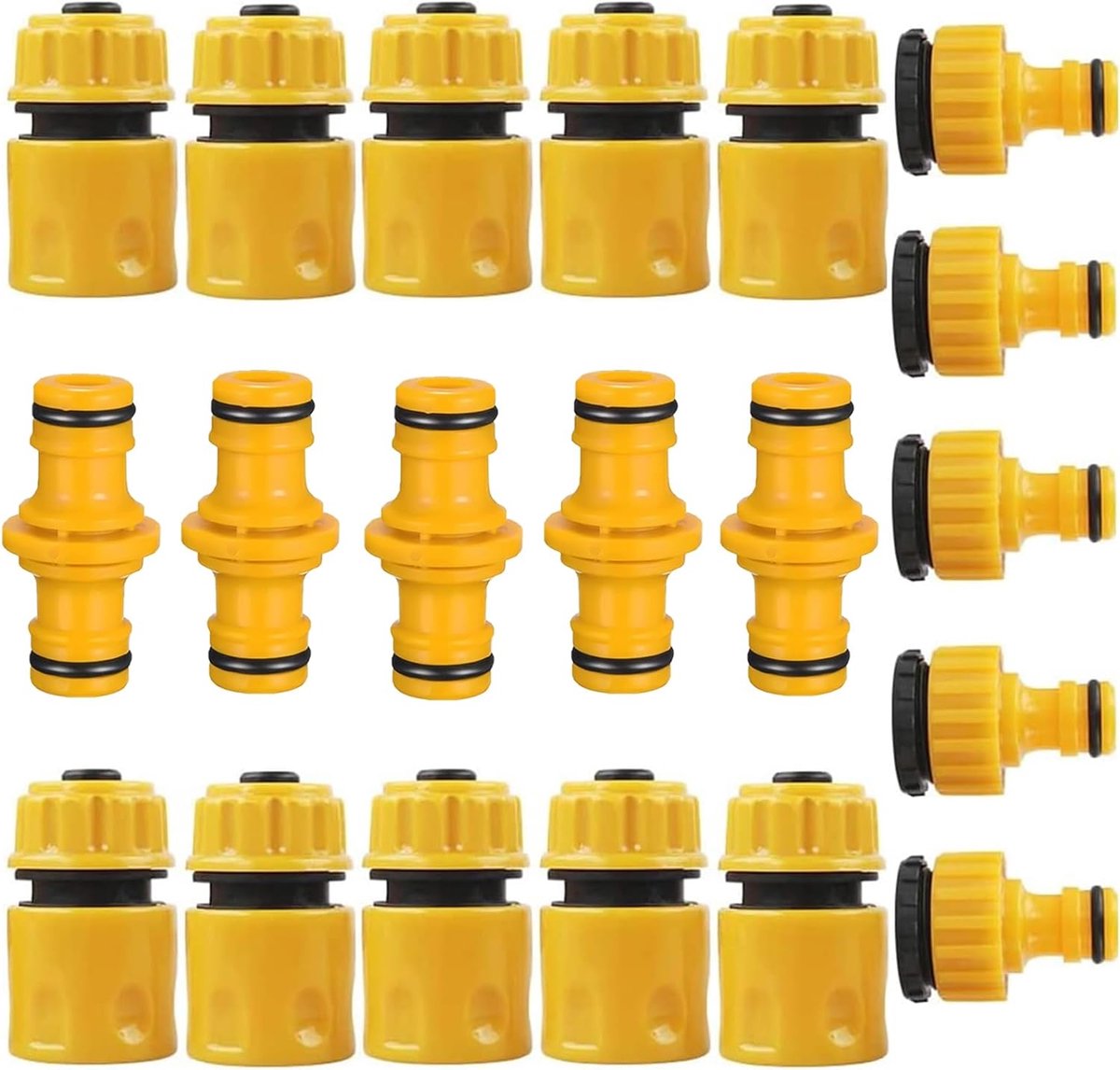 SnelShoppen - 20pcs Tuinslang Koppelingen Set, Reparatieset met 10 Snelle Aansluitingen, 5 Dubbele Mannetjes, 5 2in1 Plastic Taps voor 1/2" en 3/4" -