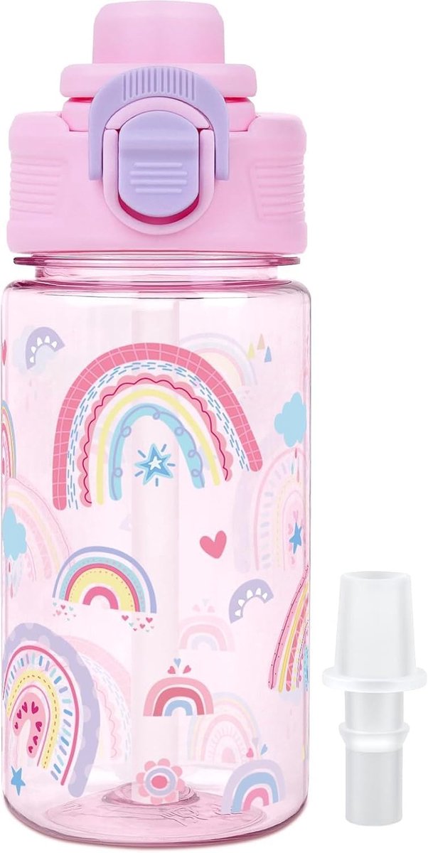 SnelShoppen - Drinkfles voor Kinderen 380 ml met Rietje, Veiligheidssluiting, Bijt- en Zuiguitloop, Lekvrij, BPA-vrij, Regenboogkleur, Ideaal voor Wan