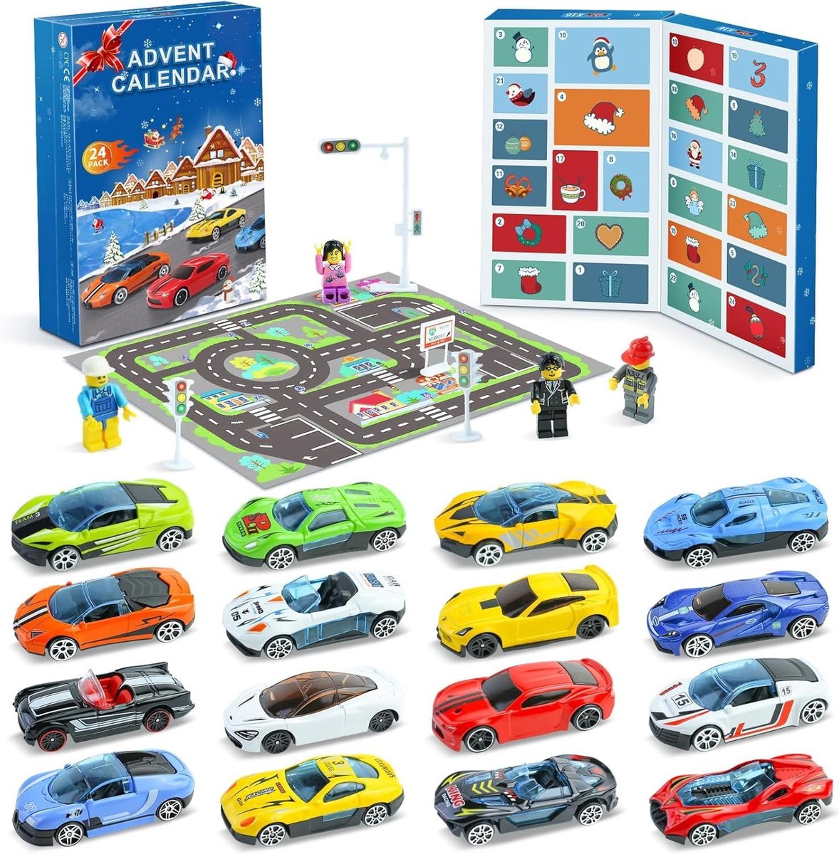 SnelShoppen - Adventskalender 2026 Kinderspeelgoedauto Mini Racers - 24 Dagen Kerstkalender met Sportwagens en Racebaan Speelmat voor Jongens en Meisj