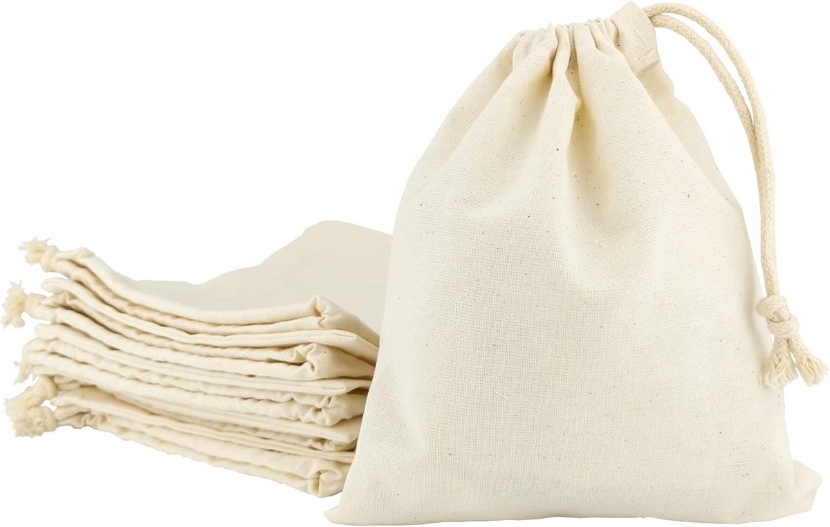 SnelShoppen - Set van 10 Katoenen Trekkoordzakjes 17x20 cm - Cadeautasjes voor Sieraden, Trouwen, Kerst, Feest, Cosmetica, Fruit
