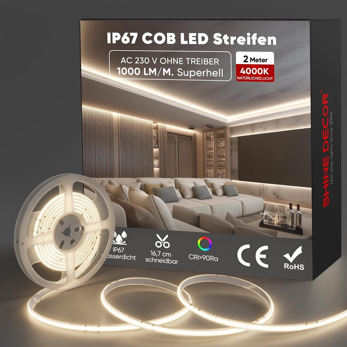 SnelShoppen - Shine Decor COB LED Strip 2m, IP67 Waterdicht, Flexibele Neon Fairy Lights, 432 LEDs/m, Ultra Bright Licht voor Tuin, Keuken, Binnen & B