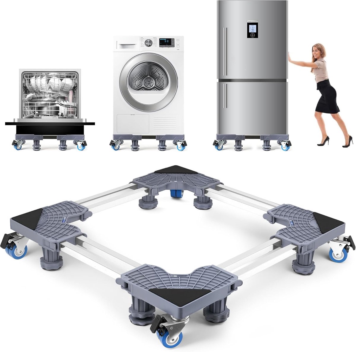 Wasmachine Verhoger op Wielen – Verstelbaar 45-68 cm – Max. 400 kg – Anti-Trilling – Verplaatsbare Onderwagen