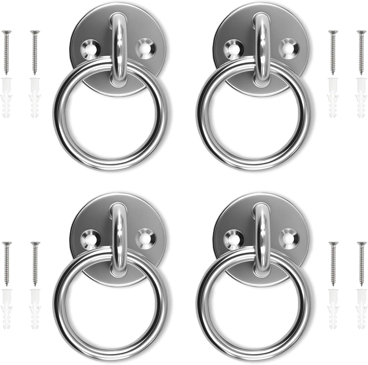 4 Stuks Ronde Oogplaten van RVS 304, Dikte 8 mm, Ideaal voor Stallen, Yoga Studios en Fitnessruimtes
