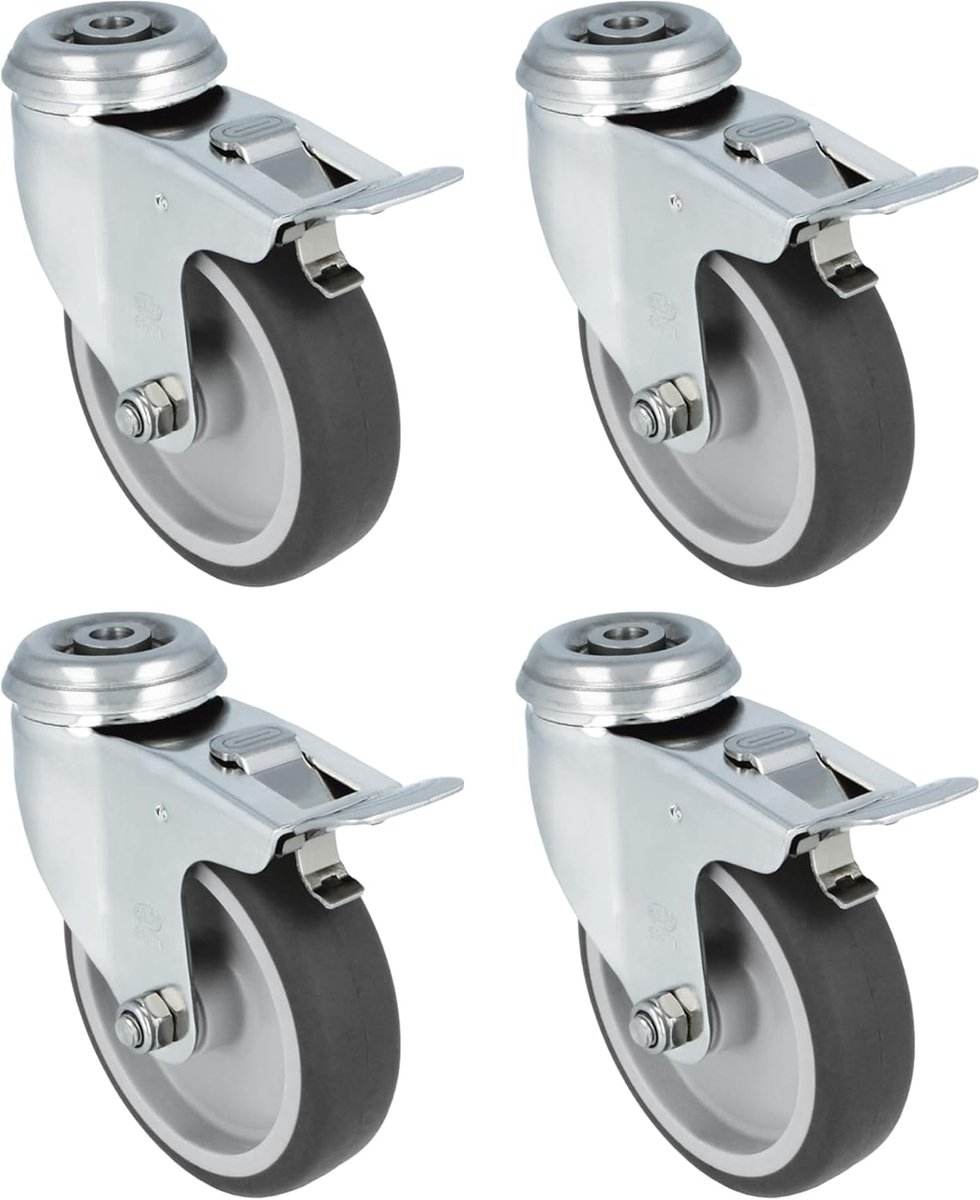 SnelShoppen - Set van 4 Zwenkwielen met Rem - Ø 100 mm - Stalen Plaat met Gat - Maximaal 90 kg - Voor Zware Meubels en Transportwagens - Zwarte Rubber