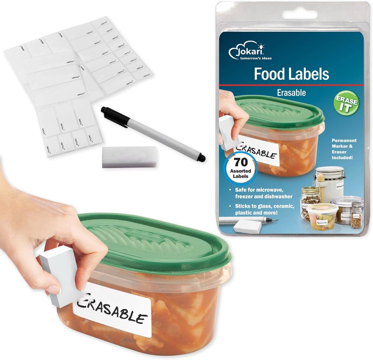 SnelShoppen - Erasable Label Starter Kit - 70 Multifunctionele Labels, 3 Maten, Herbruikbare Marker, Geschikt voor Glas, Plastic en RVS - Ideaal voor