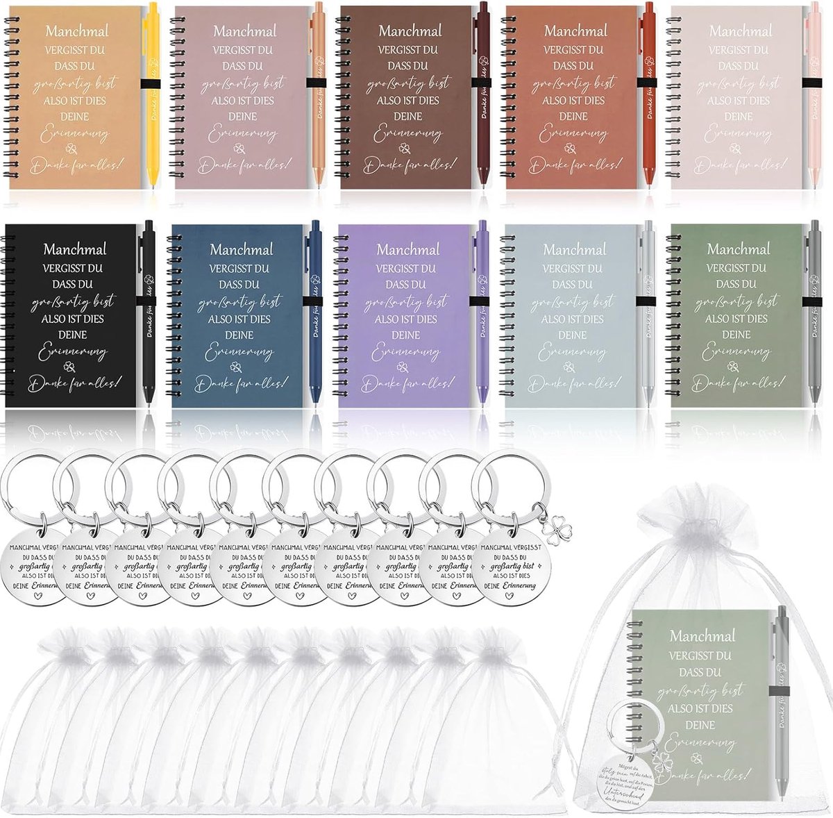 SnelShoppen - 10 Sets Bedankt Notitieboekjes voor Collega's, Motivational Spiral Notepad, Dank U Balpen en Sleutelhanger - Perfecte Afscheid Cadeautje