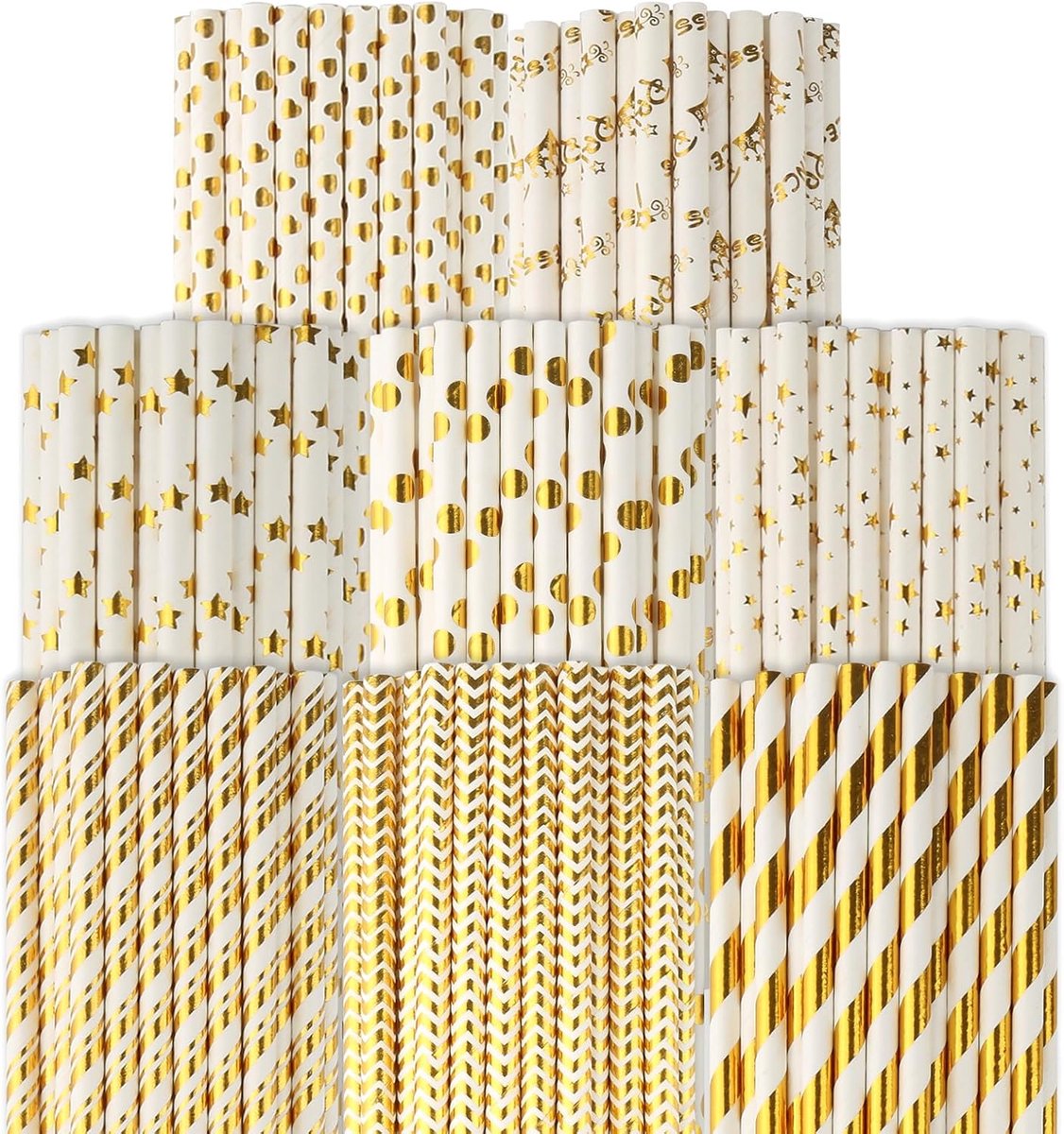 SnelShoppen - 200 Stuks Papier Rietjes - Gouden Biologisch Afbreekbare Rietjes voor Feestjes, Bruiloften, Verjaardagen, Cocktailparty's - 8 Stijlen