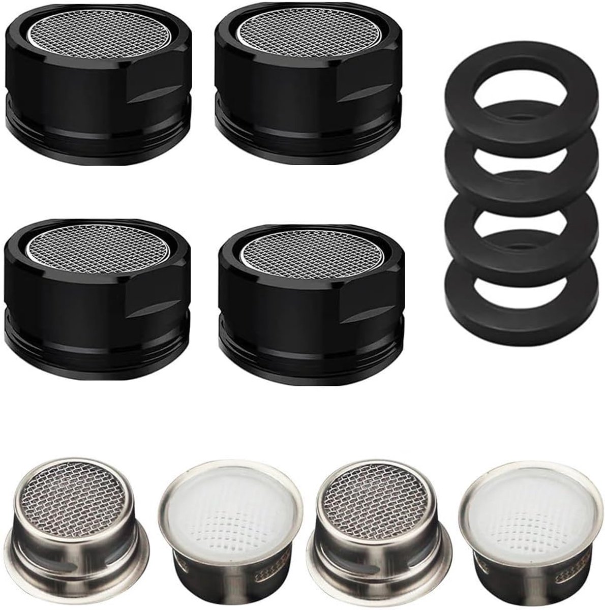 SnelShoppen - Jet Regulator 4 Pcs Perlators, Waterbesparende Kraanfilter, RVS Kraanaccessoire, M24, Zwart - Duurzaam en Spatvrij