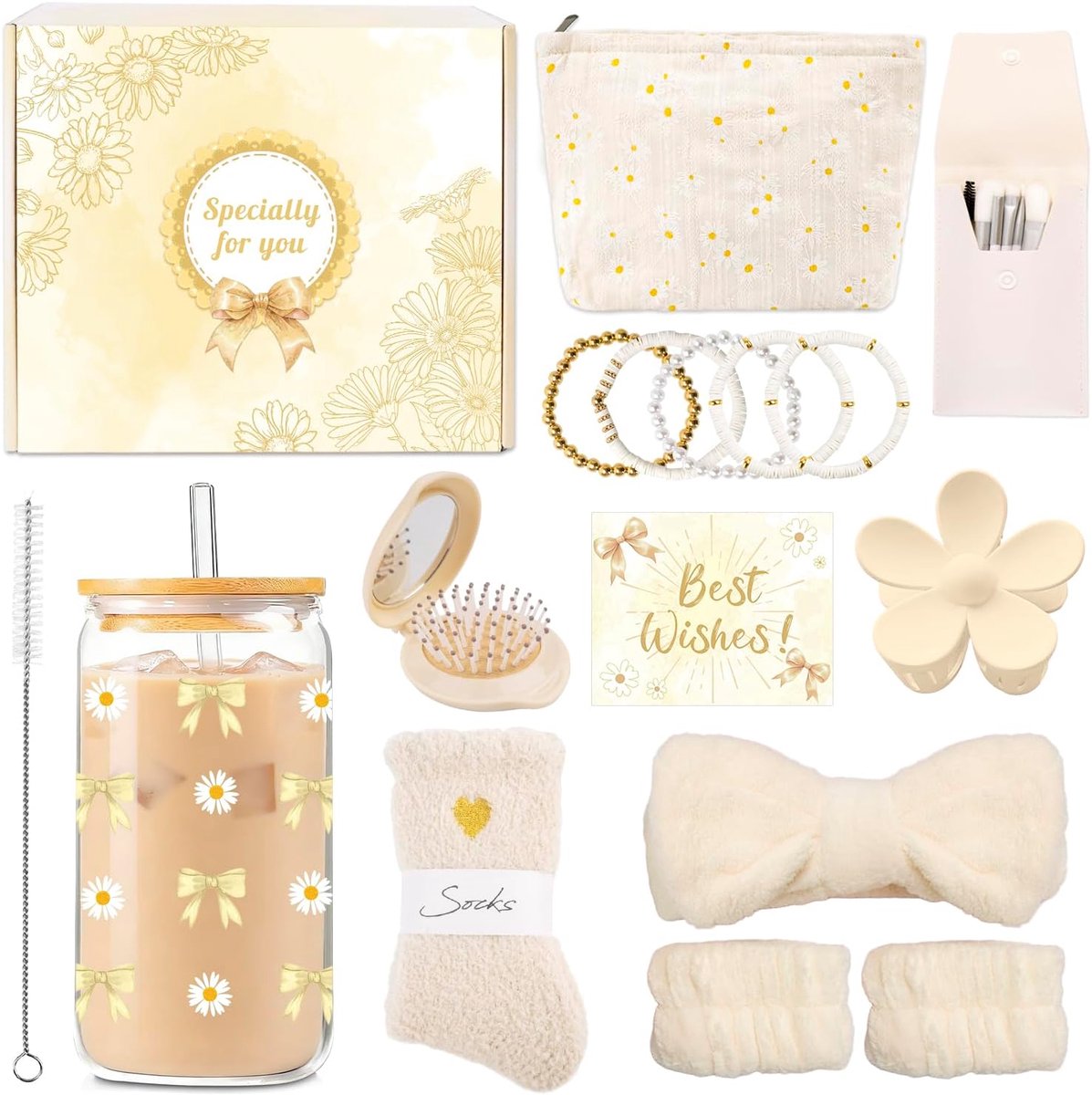 SnelShoppen - Cadeaus voor Meisjes en Tieners 9-15 Jaar - Glazen Beker met Deksel en Rietje, Haarband en Haarspelden in Geel - Verjaardag, Kerst, en S