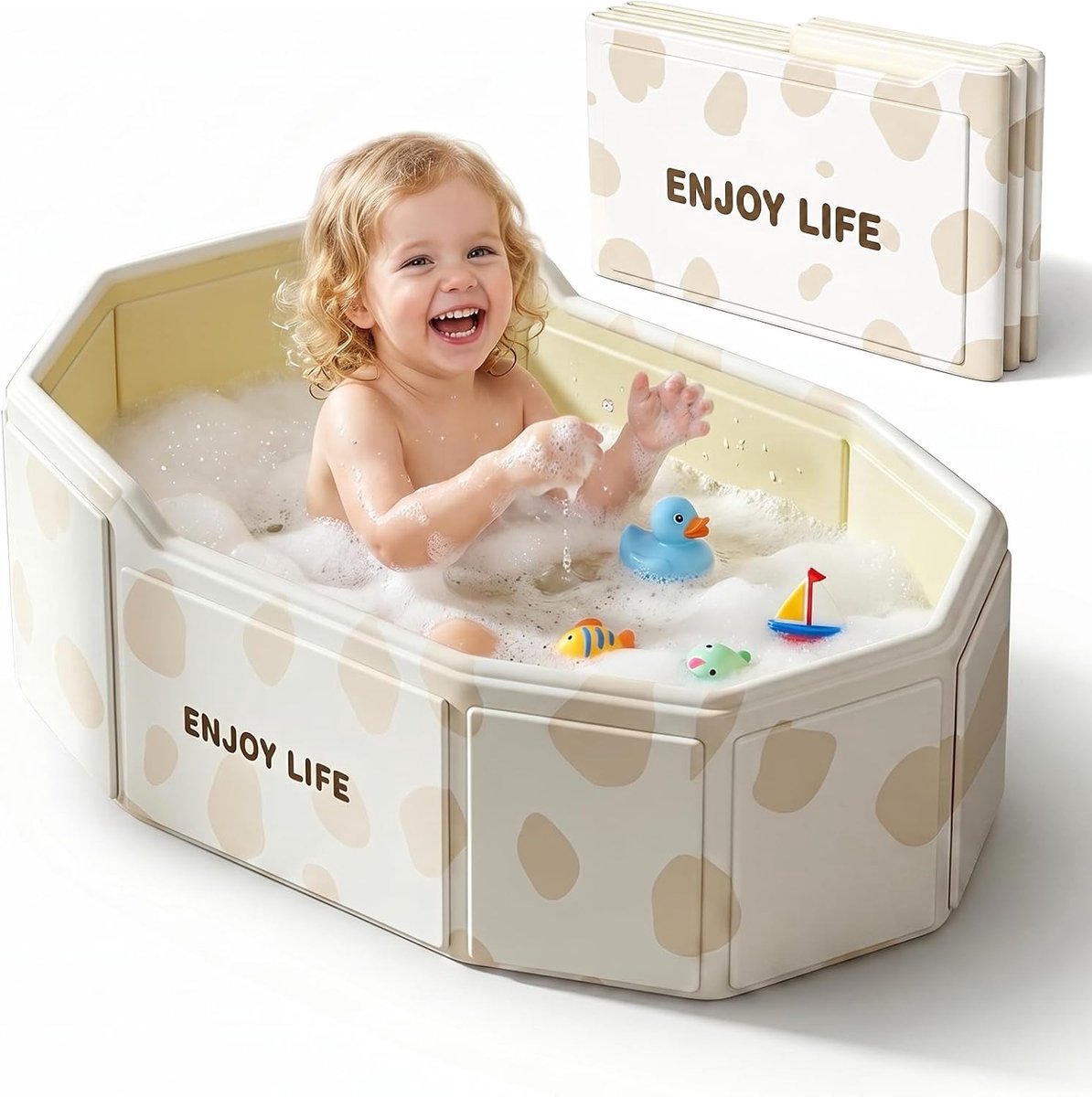 SnelShoppen - Opvouwbaar Babybad voor Kinderen 0-8 Jaar, Draagbaar Buitenzwembad met Verhoogde Rugleuning, Duurzaam PVC, Beige, Perfect voor Tuin en C