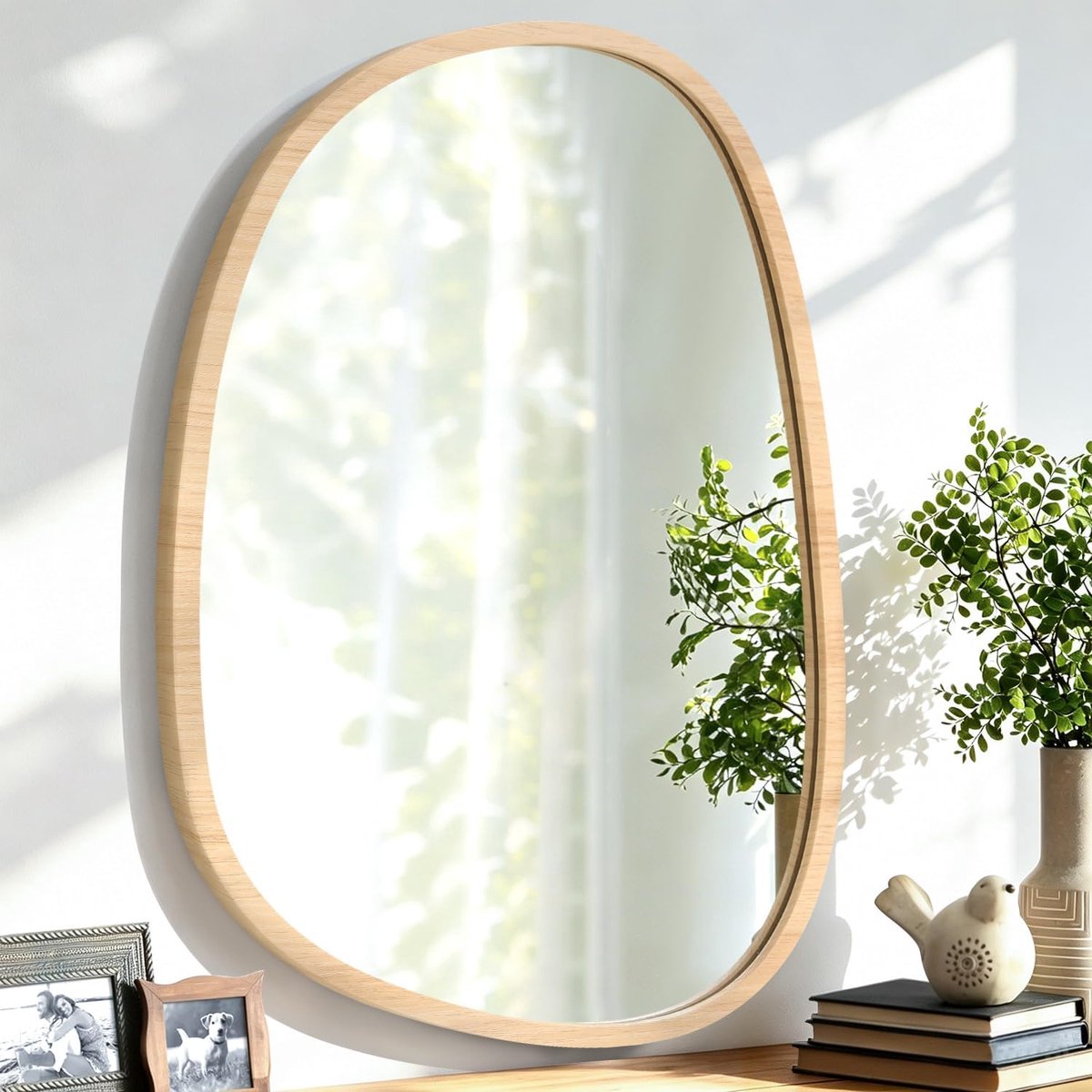 SnelShoppen - Uniek Asymmetrisch Houten Wandspiegel, Moderne Decoratieve Spiegel 35 x 25 cm voor Badkamer, Woonkamer, Slaapkamer, Hal, Make-up, Klein