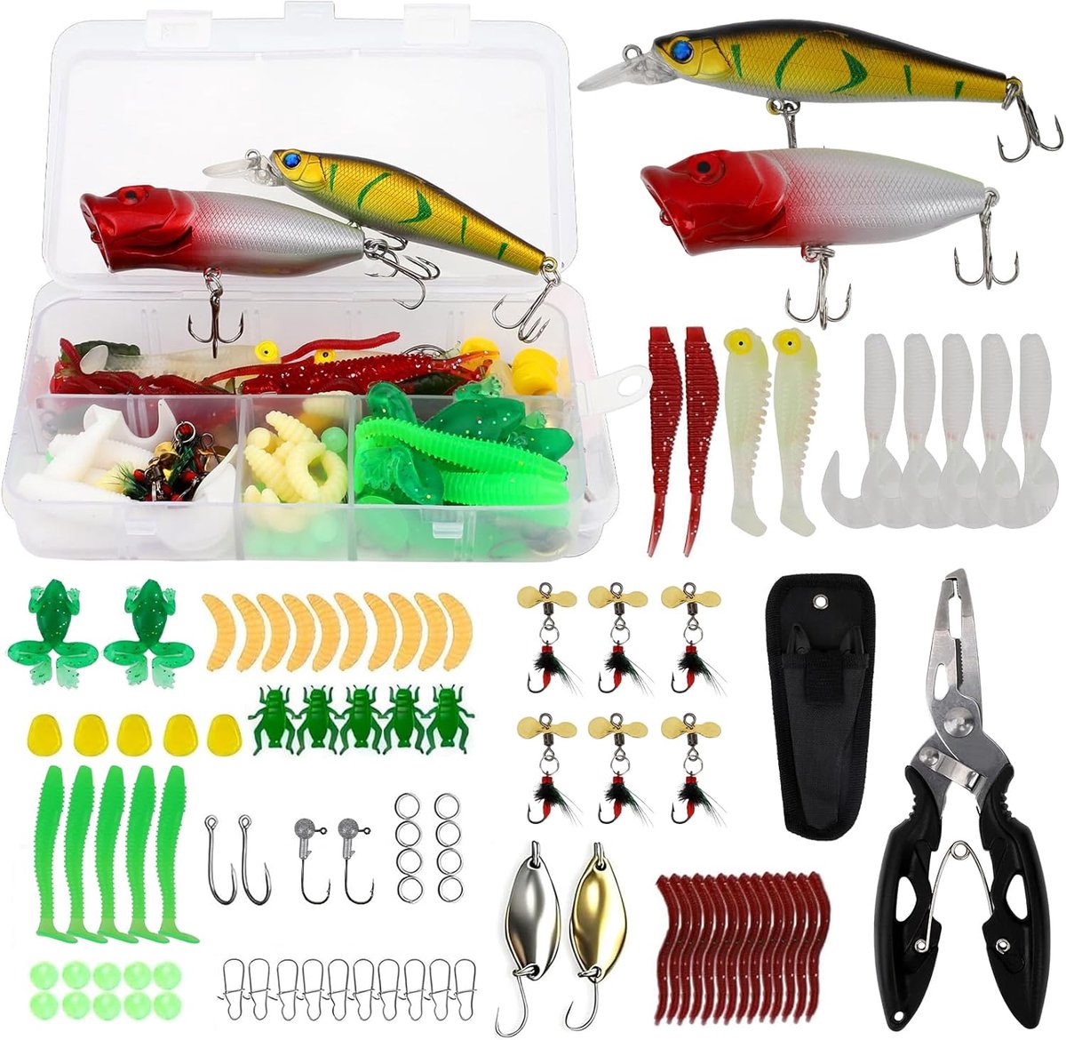 SnelShoppen - 83-delig vissersaas set met aasbox & vissers tangen – incl. kunstaas, rubber vissen, aas signalen, popper, wobbler, jigheads voor snoek,