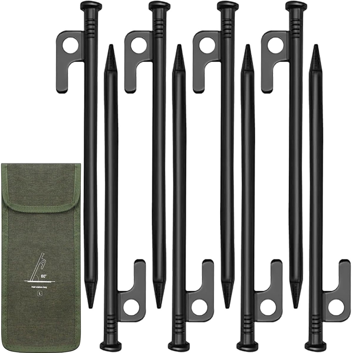 SnelShoppen - Pack van 8 Tent Pegs 30 cm Hoogwaardige Zwarte Haringen met Haak en Gat - Camping, Tuin, Strand, Outdoor, Hiking - Robuuste Geforgeerde