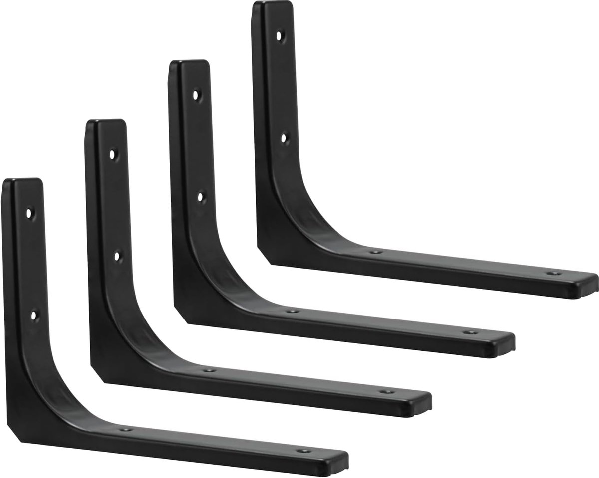 SnelShoppen - 4 Stuks Zware Hoekplankdragers, L Vormige Metalen Planksteunen, 90 Graden Hoek, Duurzame Plankdragers voor Keuken en Slaapkamer (Zwart,