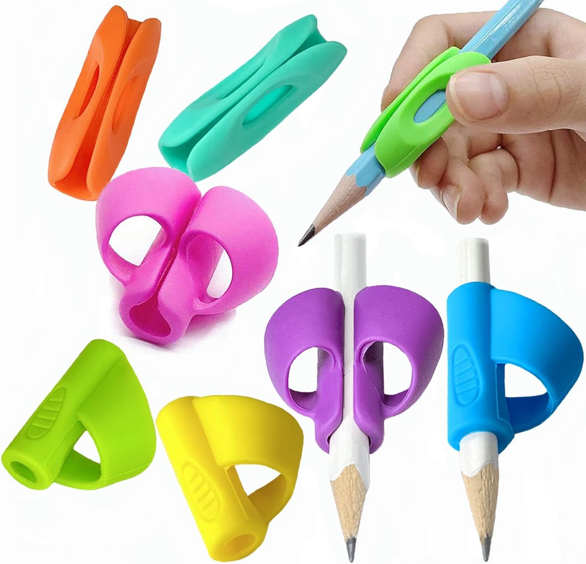 SnelShoppen - 8x Schrijfhulp voor Kinderen - Ergonomische Pen Grip - Stevige Leer Pencil Handles - Gemakkelijk Op Te Zettten - Perfect voor School en