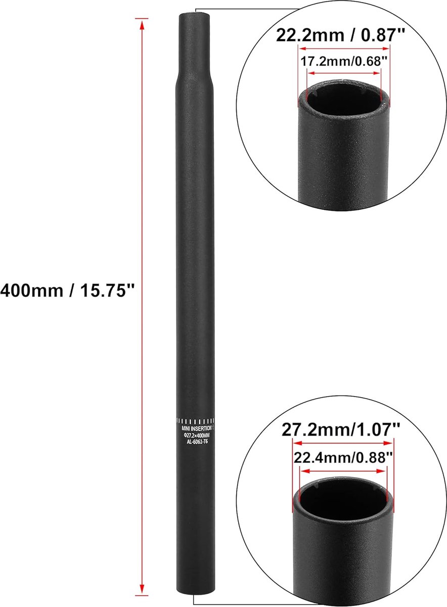 SnelShoppen - Fiets Zadelpen Aluminium 27.2mm x 400mm zwart - Lichtgewicht Zadelpen zonder Schaal voor Racefiets, Mountainbike en Stadsfiets