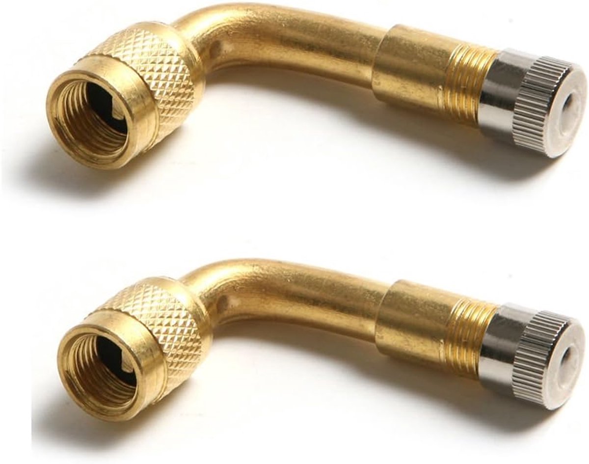SnelShoppen - 2pcs Ventielverlengstukken voor Auto, Fiets en Motor, 90 Graden, Messing Ventieladapter met Metaal Caps, Duurzaam en Roestvrij