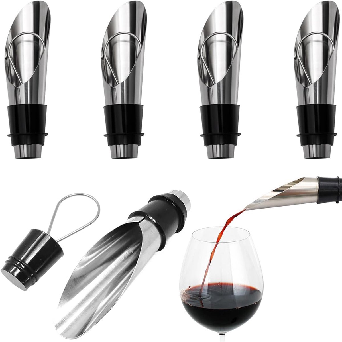 SnelShoppen - 5 RVS Flesgieters met 5 Champagne Klemmen en Flesdop, Herbruikbare Wijnfles Gietspout, Lekvrije Sluiting, Blijft Vers voor Feest, Keuken