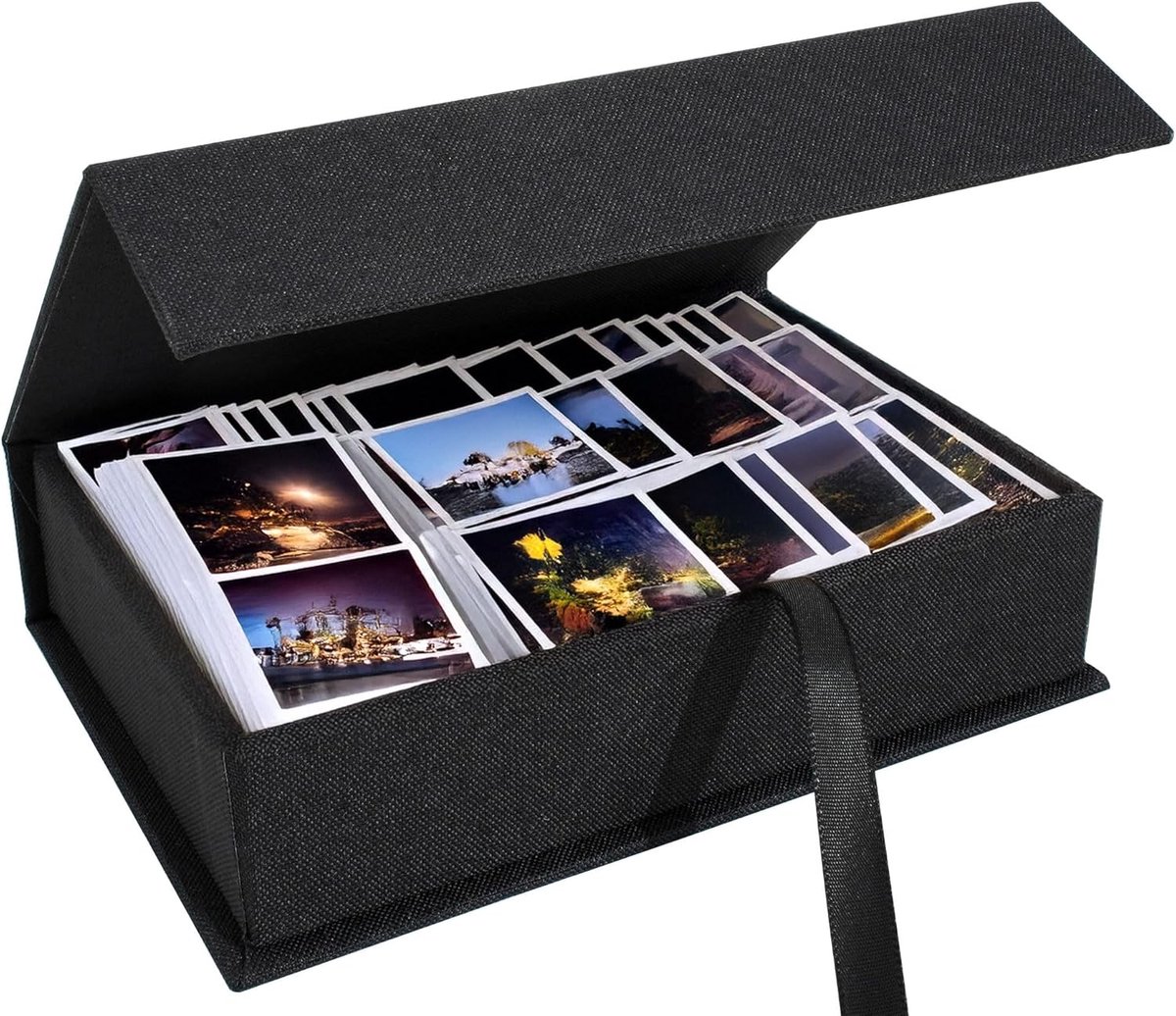 SnelShoppen - Photo Storage Box 20x25 cm - Opbergdoos voor Foto's, Certificaten, Scrapbooking Accessoires, Herinneringen, Sieraden - Zwart Linnen