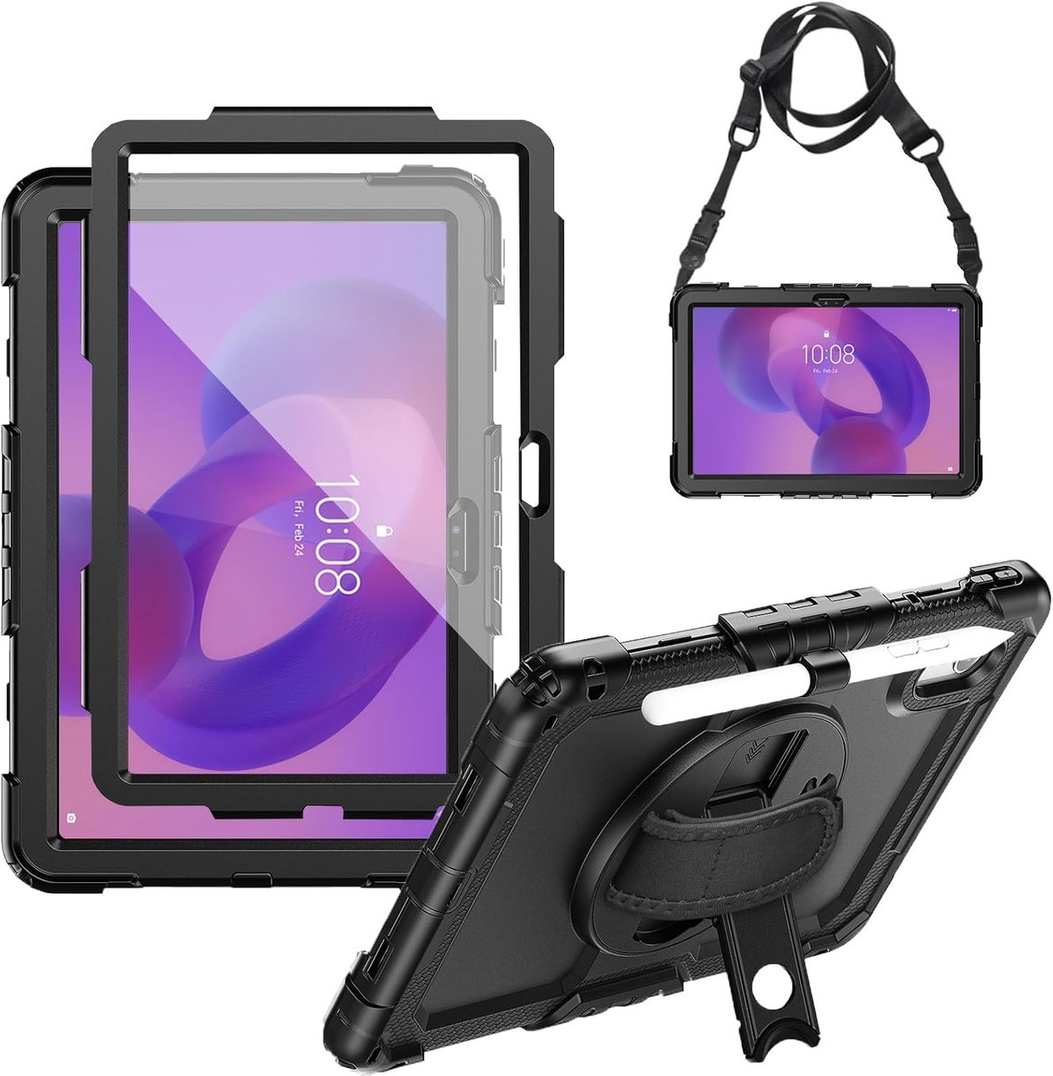 SnelShoppen - Shockproof Rugged Case voor Lenovo Idea Tab 11 Inch 2025 - Beschermende Tablet Case met Draaiende Stand, Schermbeschermer, Polsband - Zw