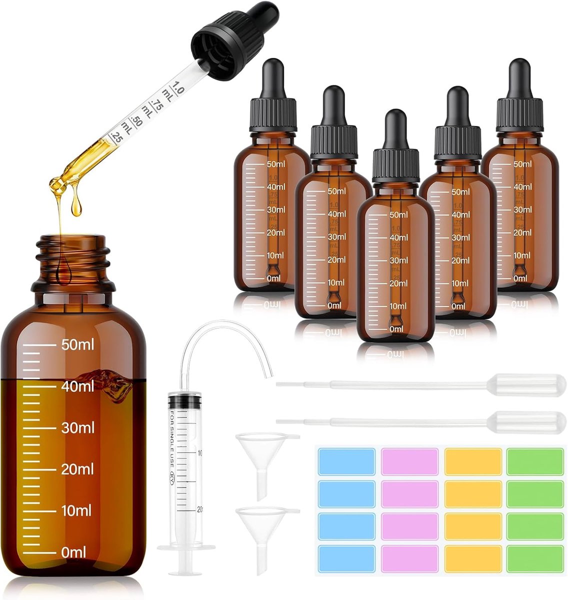 SnelShoppen - 6 Stuks Pipette Flessen 50ml Bruin Glas met Drup Pipet en Toebehoren - UV-Bestendig voor Essentiële Olie, Parfum, Aromatherapie, Geuren,