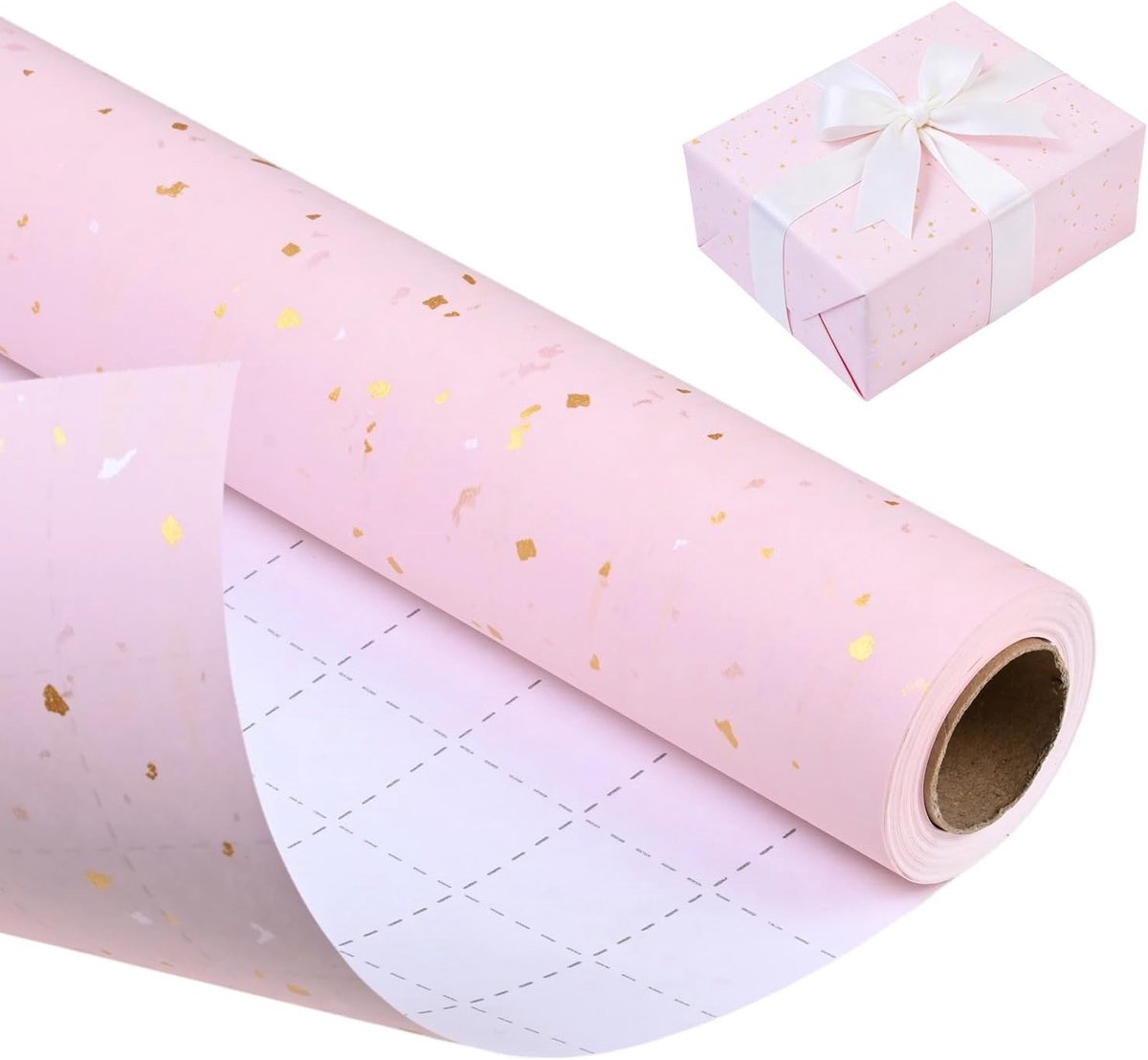 SnelShoppen - Roze Cadeaupapier Rol 43 cm x 10 m - Elegant Inpakpapier met Gouden Accenten - Perfect voor Verjaardag, Kerst, Bruiloft en Feest