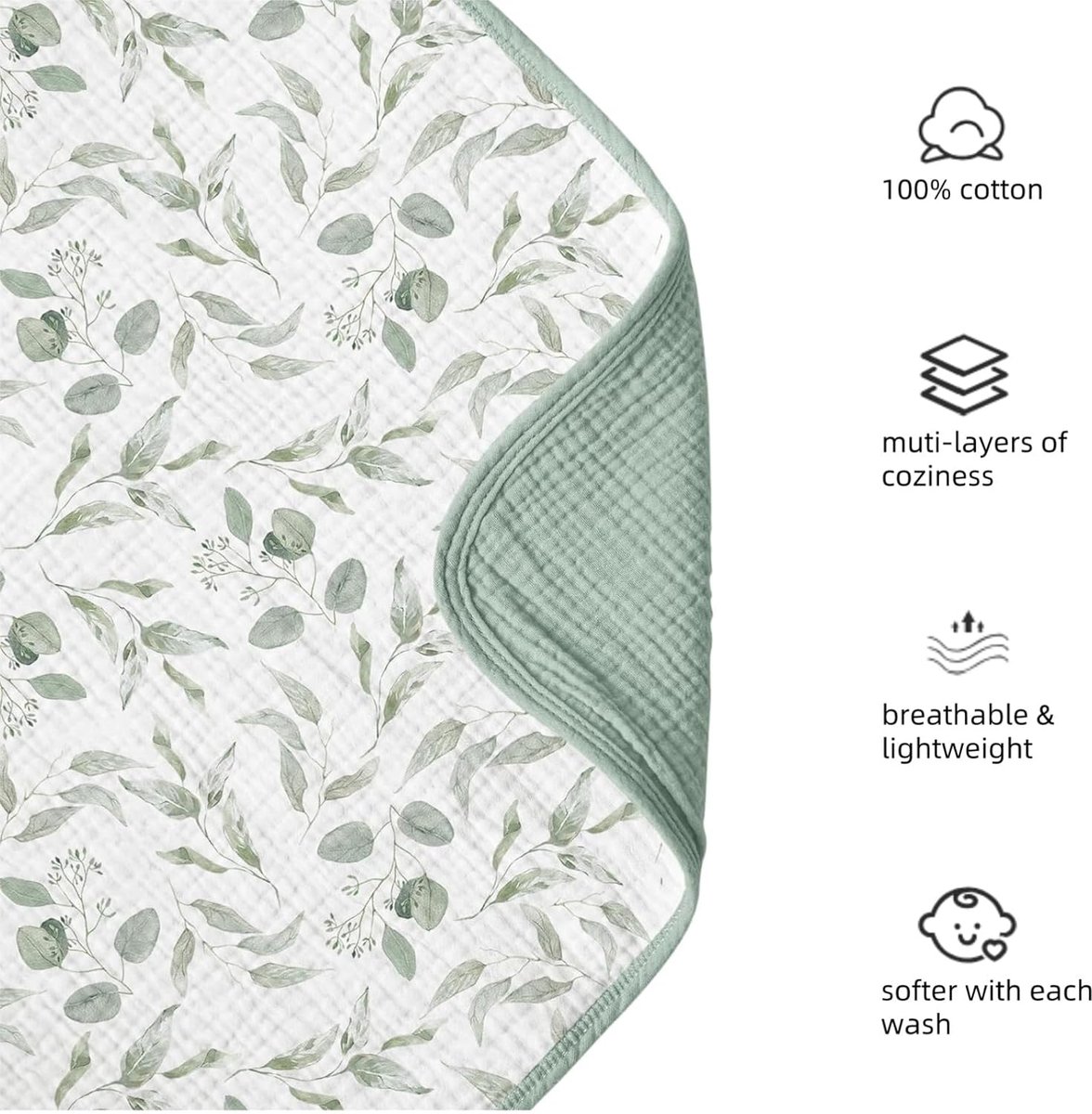 SnelShoppen - Muslin Baby Dekens 100% Katoen - Super Zacht voor Baby's en Peuters 120x120cm - Groene Bladeren - Ideaal voor Thuis en Onderweg