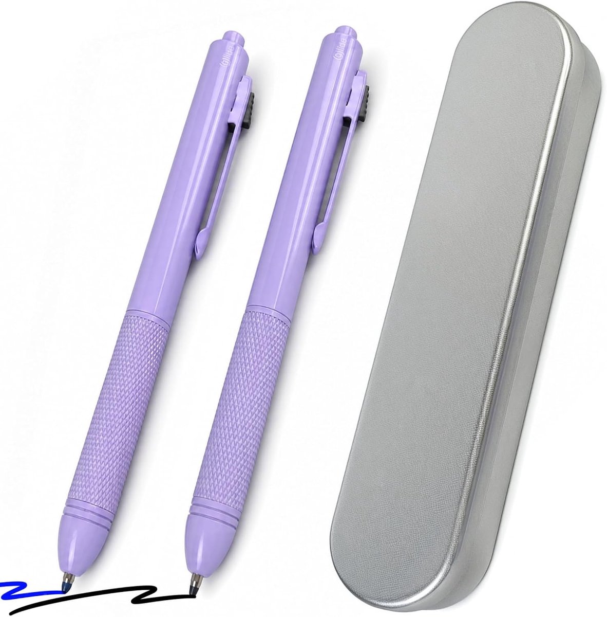 SnelShoppen - Multifunctionele 4-in-1 Balpen met Zwaartekrachtsensor, Paarse Metalen Pen met 3 Kleuren en Potlood, Inclusief Zilveren Opbergdoos voor