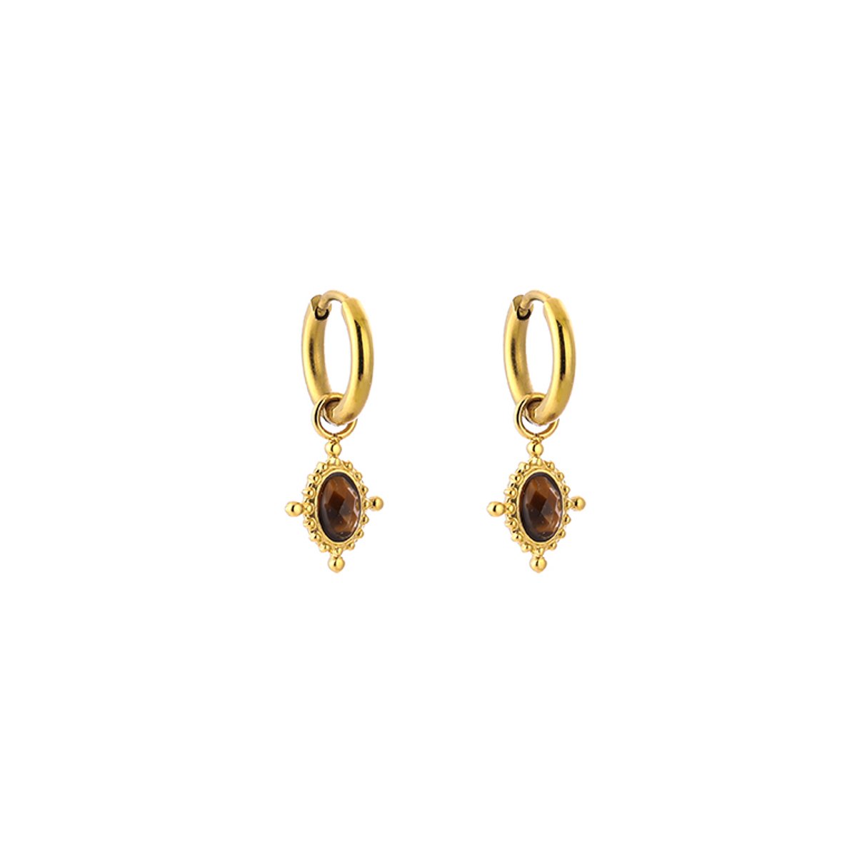 Stainless Steel Granulatie Compass Natuursteen Bedel Oorringen – Boho-Chic Minimalistische Hoops – RVS - Goud/Tiger Eye
