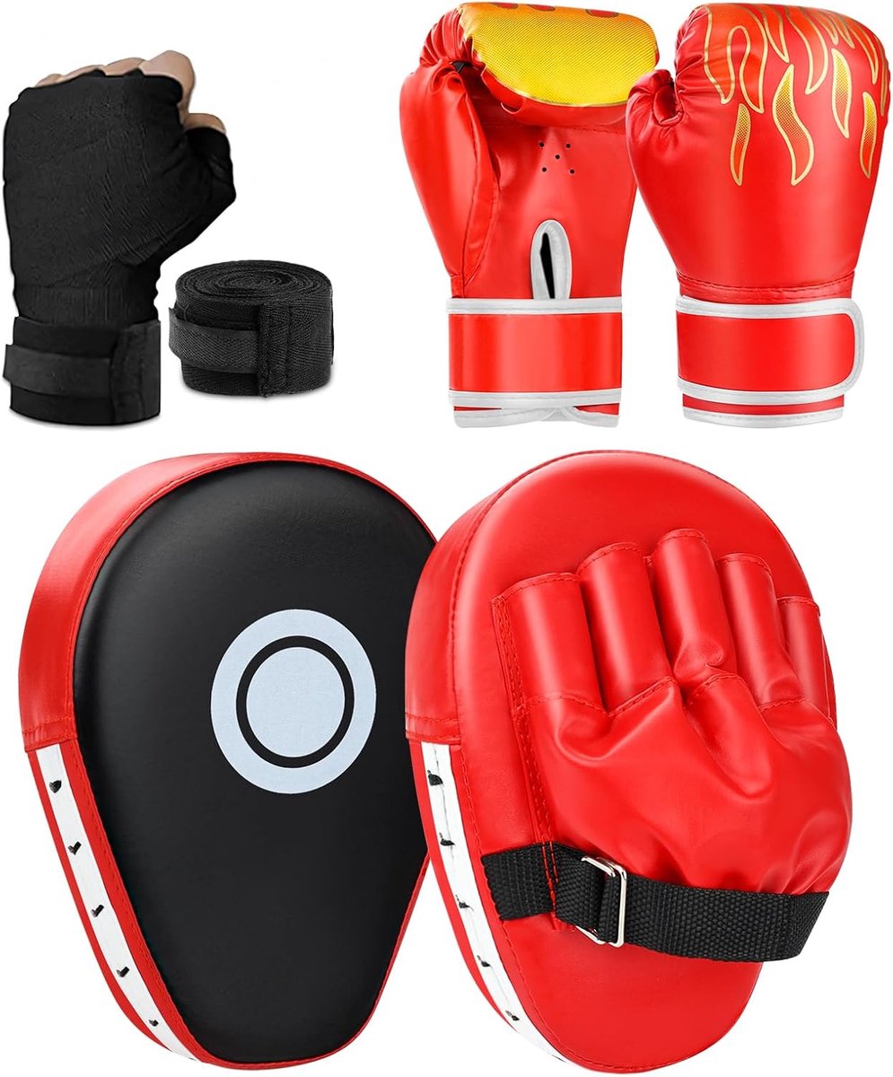 SnelShoppen - 3 in 1 Bokshandschoenen en Pads Set voor Kinderen - Curved Boxing Pads met Hand Wraps - Focus Mitts voor MMA en Muay Thai Training - Lic