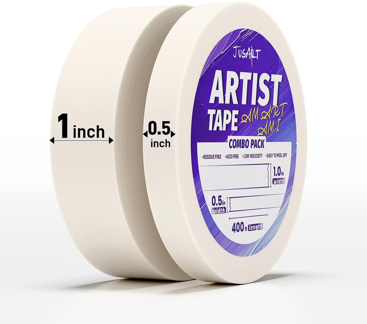 SnelShoppen - Set van 2 Artist Tapes voor Watercolor Papier, 12.7 mm en 1 inch Breed, 397 ft Wit Tape voor Taping, Tekenen en Schilderen, Zuurvrij, Zw