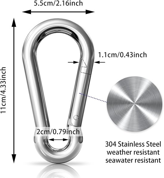 SnelShoppen - Set van 10 RVS Carabiners 11 x 110 mm - Sterke Haakjes voor Camping, Tuin, Bevestigen, Outdoor, Sport, Gereedschap, Keuken — afbeelding 5
