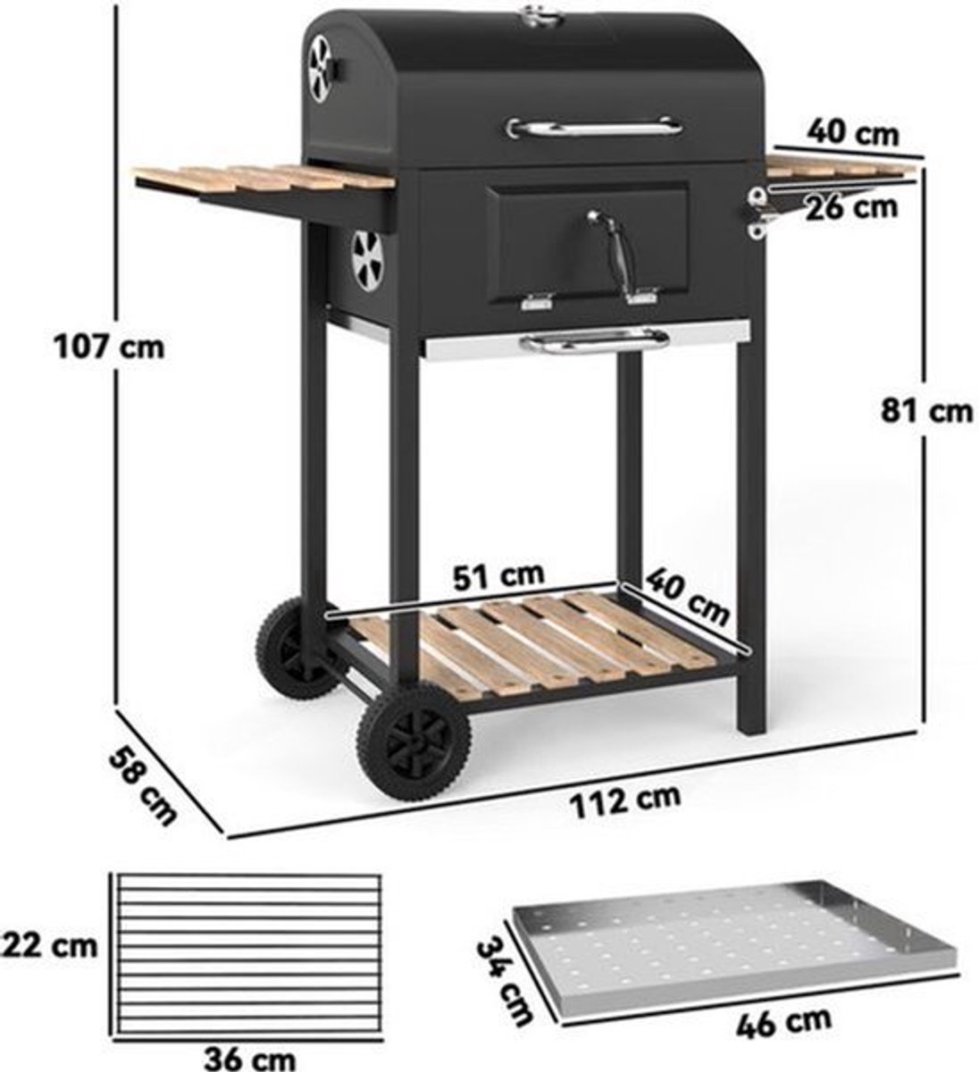 Houtskoolbarbecue – BBQ – Barbecue – Smoker – Grill – Verstelbaar Kolenrooster – Ingebouwd Thermometer – Compact Met Wielen – Met Deksel