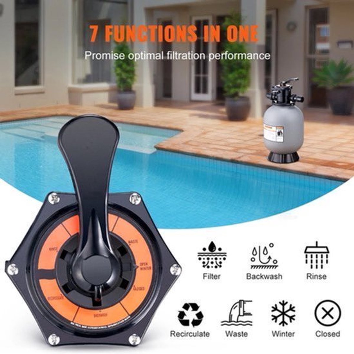 Zandfilter - Zandfilterpomp - met 7-weg multipoortklep - Hoge GPM-stroomsnelheid - Hoge druk - 24 inch - 65 GPM - HDPE-materiaal - Grijs