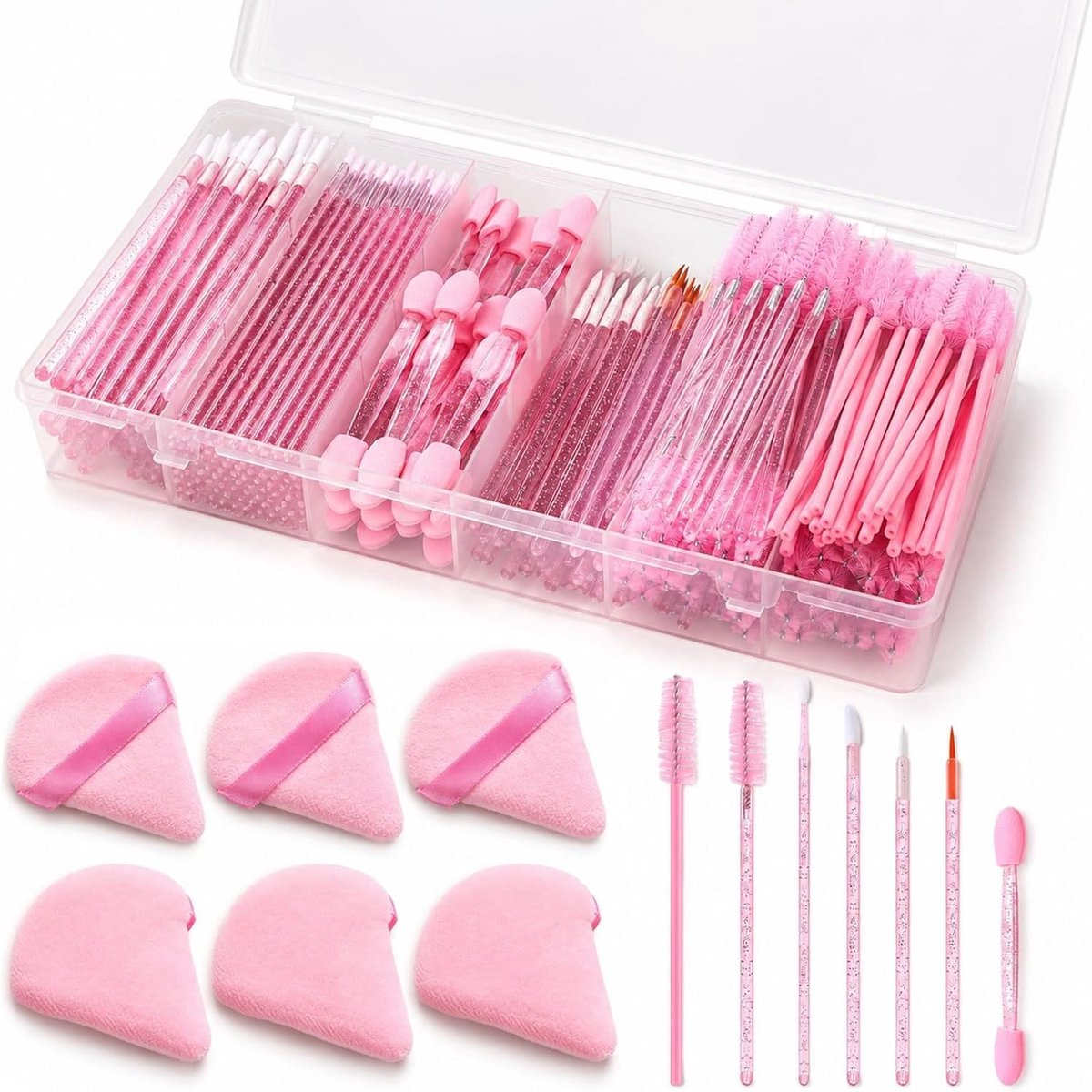 Complete Wegwerp Make-up Set met Lippenborstels, Mascara, Oogschaduw en Poederborstels in Praktische Opbergdoos voor Hygiënische Toepassing van Cosmetica