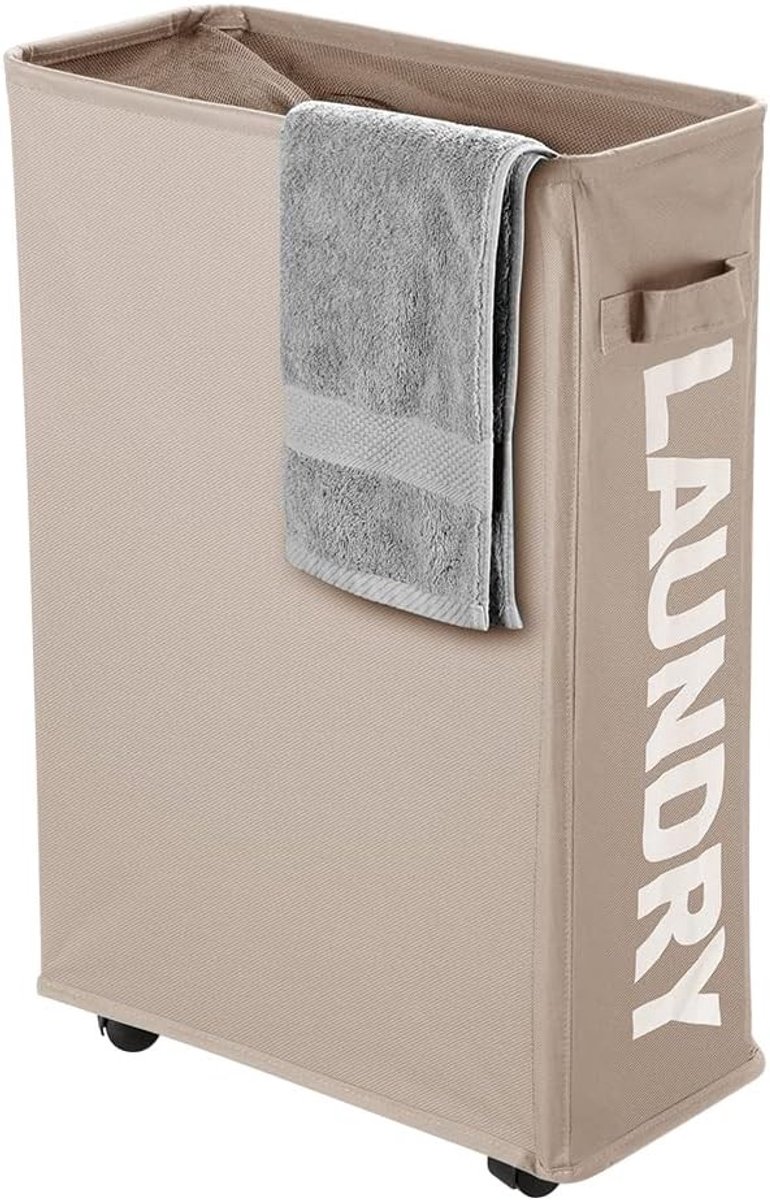 Dunne Opbergmand van 40L met Handvatten, Vouwbare Smalle Wasmand met Wielen voor Kleding, Handdoeken en Dekens