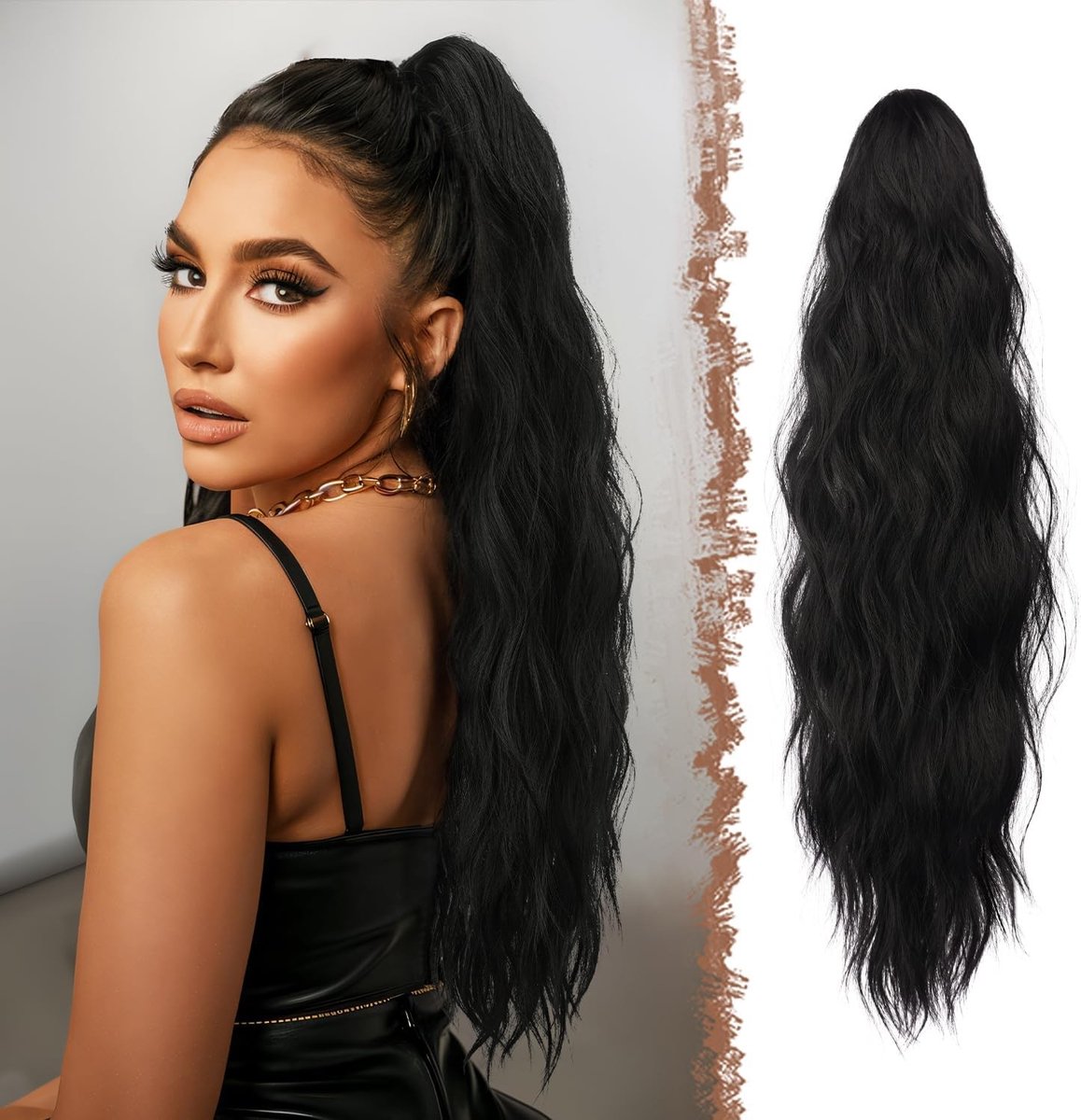 Zwarte Ponytail Extensions - Lange Golvende Haarstuk met Klem voor Vrouwen, 63cm, Perfect voor Feestjes en Dagelijks Gebruik
